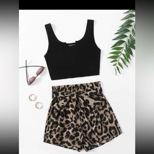 SHEIN size small Leopard Print Shorts with black crop Top.